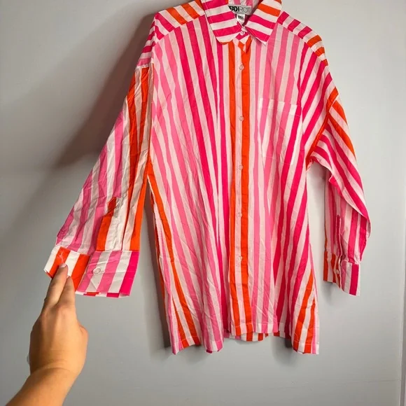 Beach Riot NWOT Womens L/XL Pink & Orange Striped Button-Up Shirt Swim Cover - Picture 5 of 10